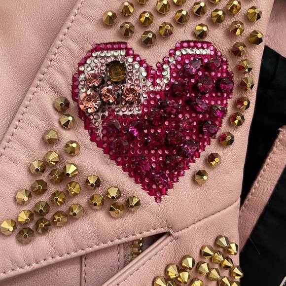 Philipp Plein Pink Leather Jacket w/ Studded Sleeves & Crystal Patches S As Is - Picture 10 of 16